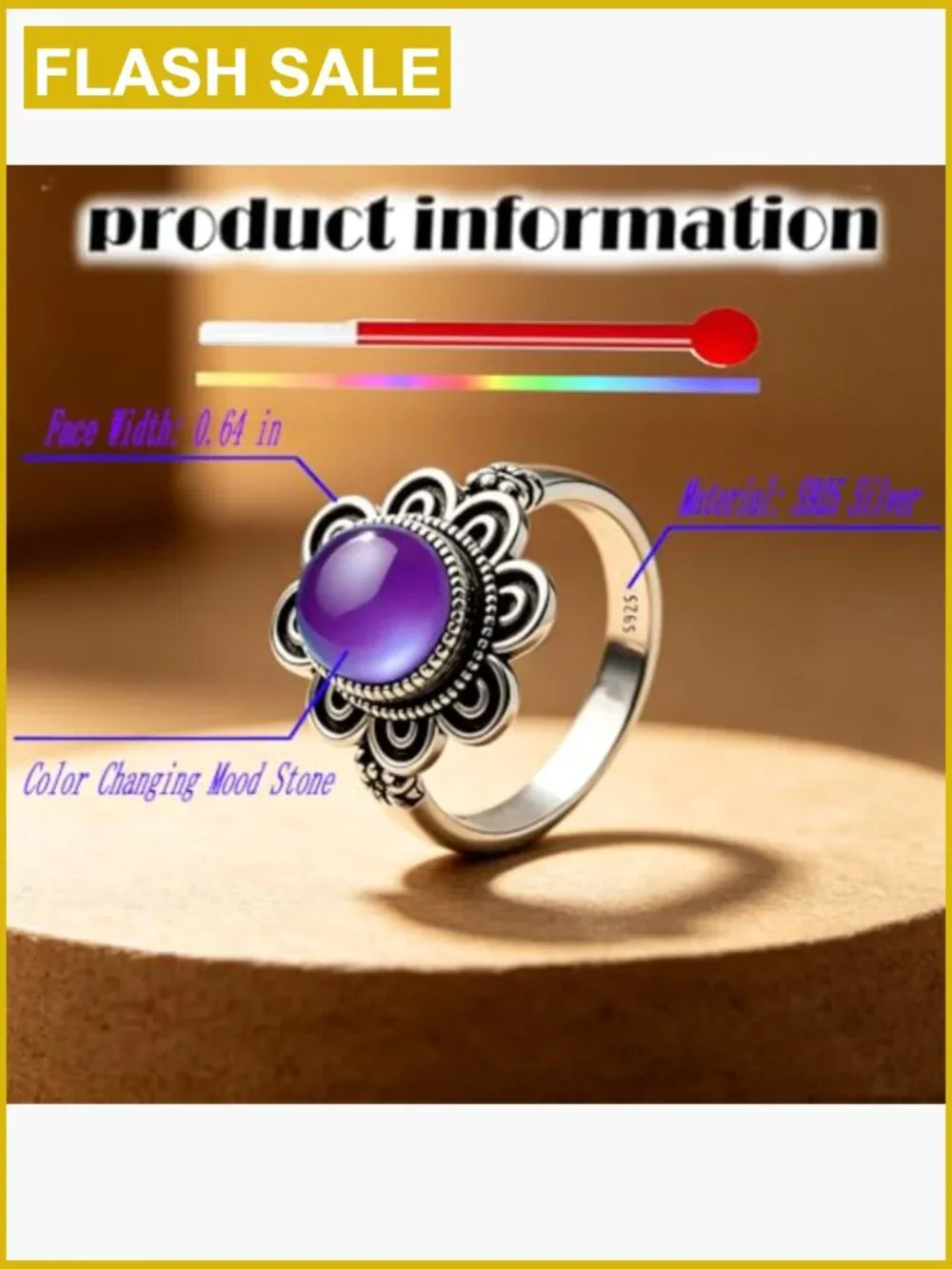 Retro Flower Mood Ring Sterling Silver Thermochromic Stone Statement Ring Boho